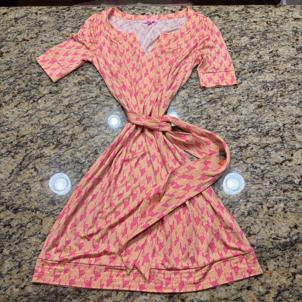 Lilly Pulitzer Pink Orange Houndstooth V-Neck Wrap Tie Dress Size 2 ws